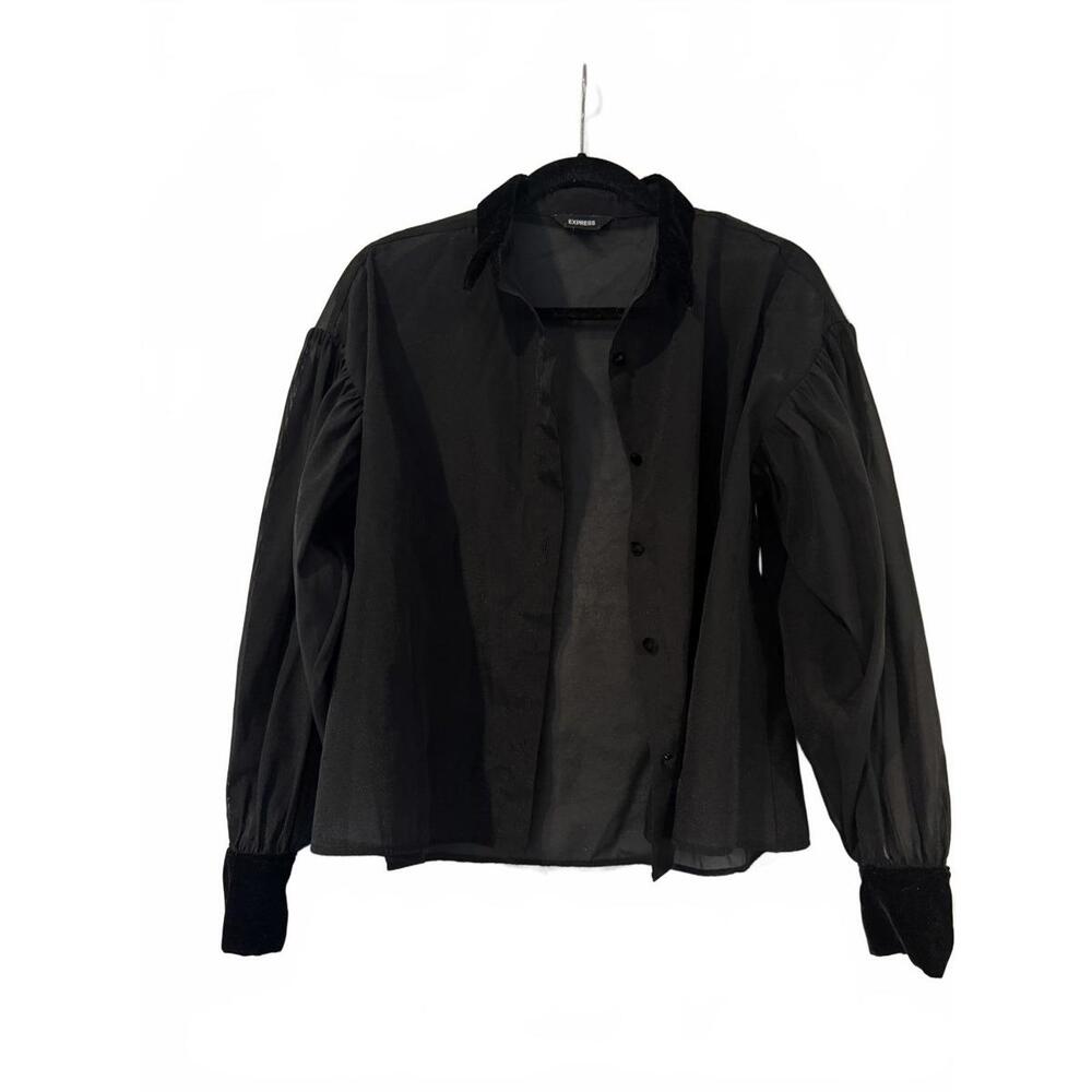 Express | Black Sheer Velvet Trim Puff Sleeve Button-Down Blouse | Size S